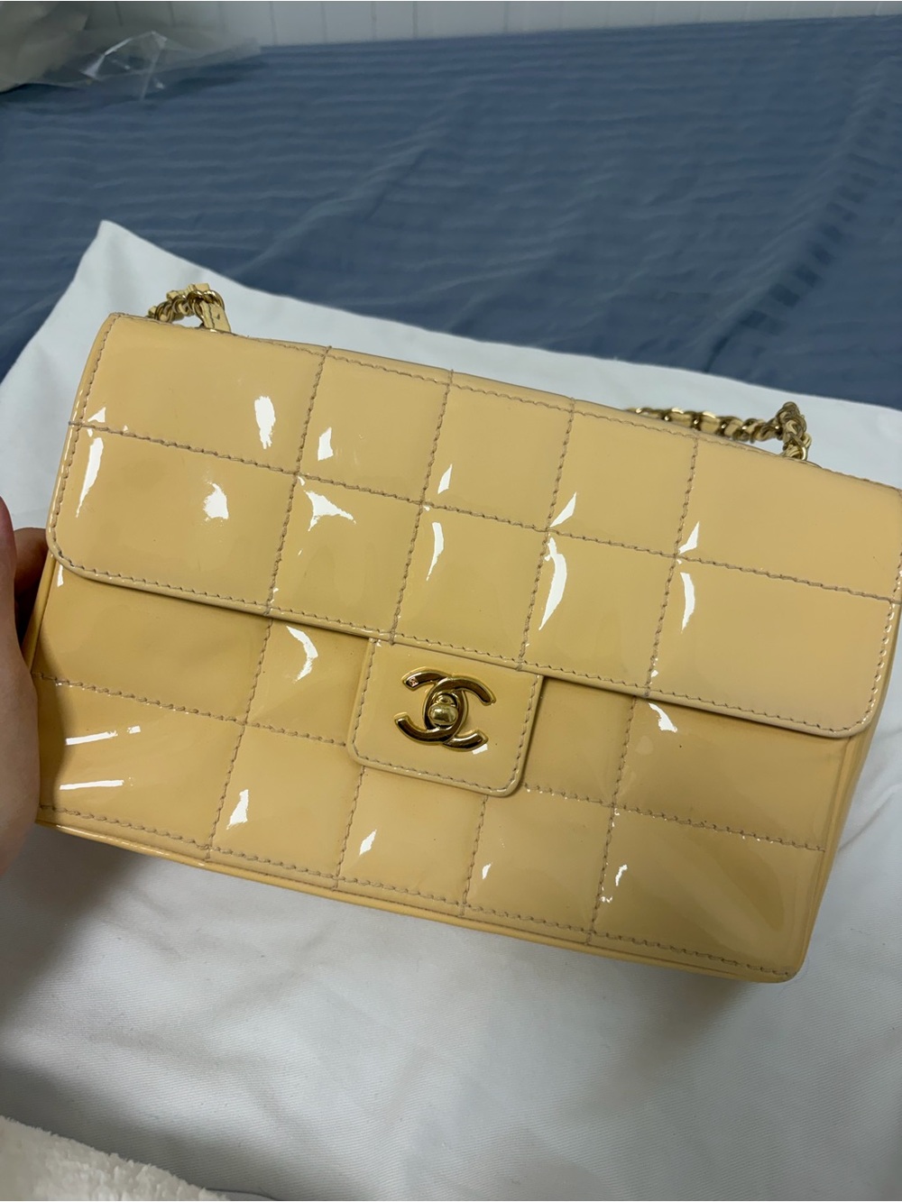 CHANEL Beige Patent Quilted Shoulder Bag with Gold Hardware